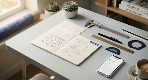 Precision measuring and drafting instruments arranged on a clean workspace